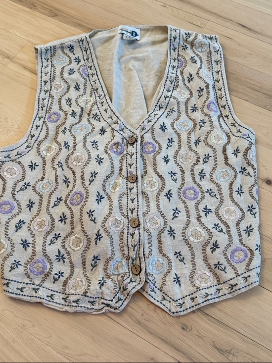 Tops - Vintage Floral Embroidered Cotton Linen Vest Button Front V-Neck-L-Boho-Read